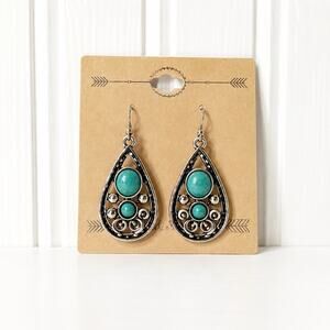 Wild & Free Turquoise Faux Teardrop Dangle Earrings Silver Tone Filigree Hook